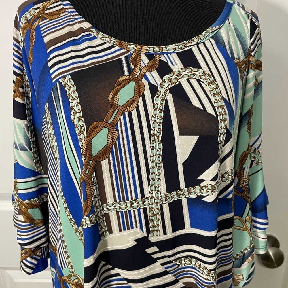 Sami & Jo Blue and Brown Geometric Blouse Size Large CB-AM - Picture 2 of 7
